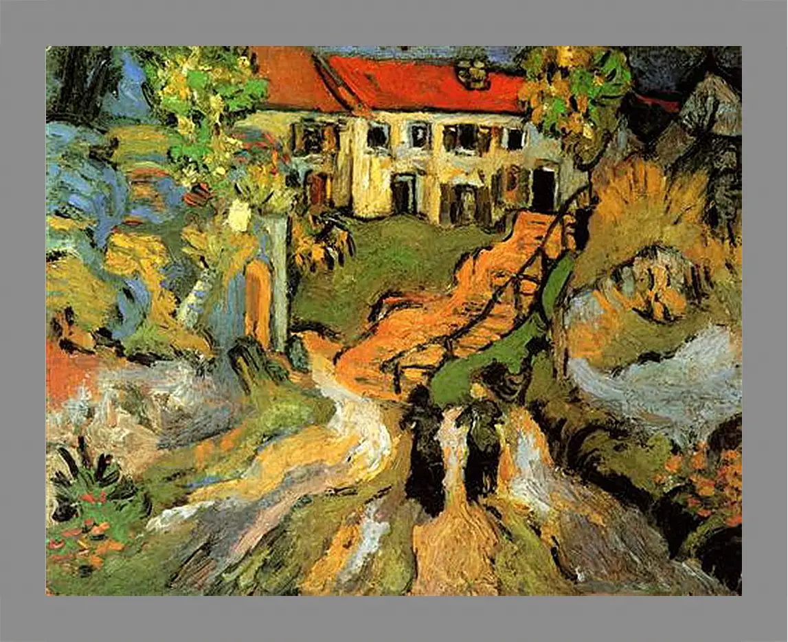 Картина в раме - Village Street and Steps in Auvers with Two Figures. Винсент Ван Гог