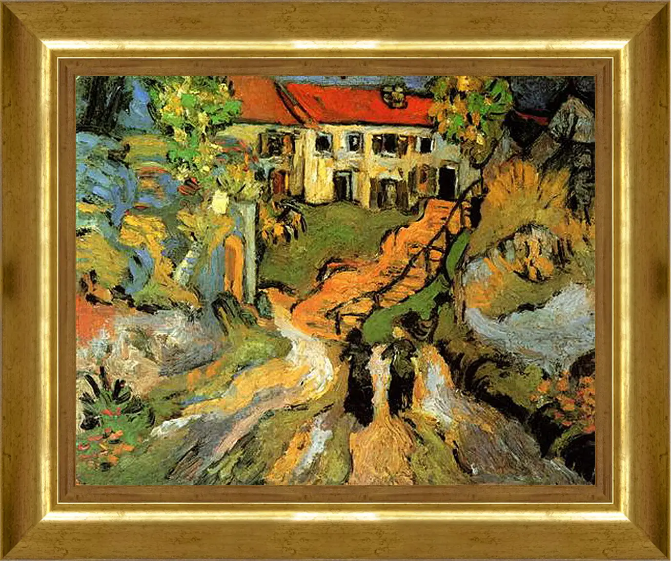 Картина в раме - Village Street and Steps in Auvers with Two Figures. Винсент Ван Гог