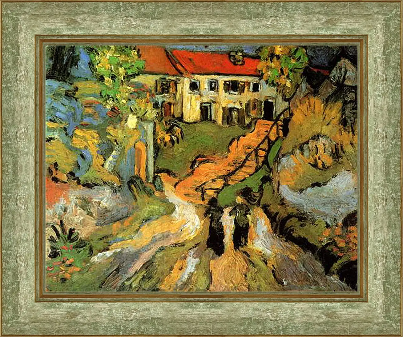 Картина в раме - Village Street and Steps in Auvers with Two Figures. Винсент Ван Гог