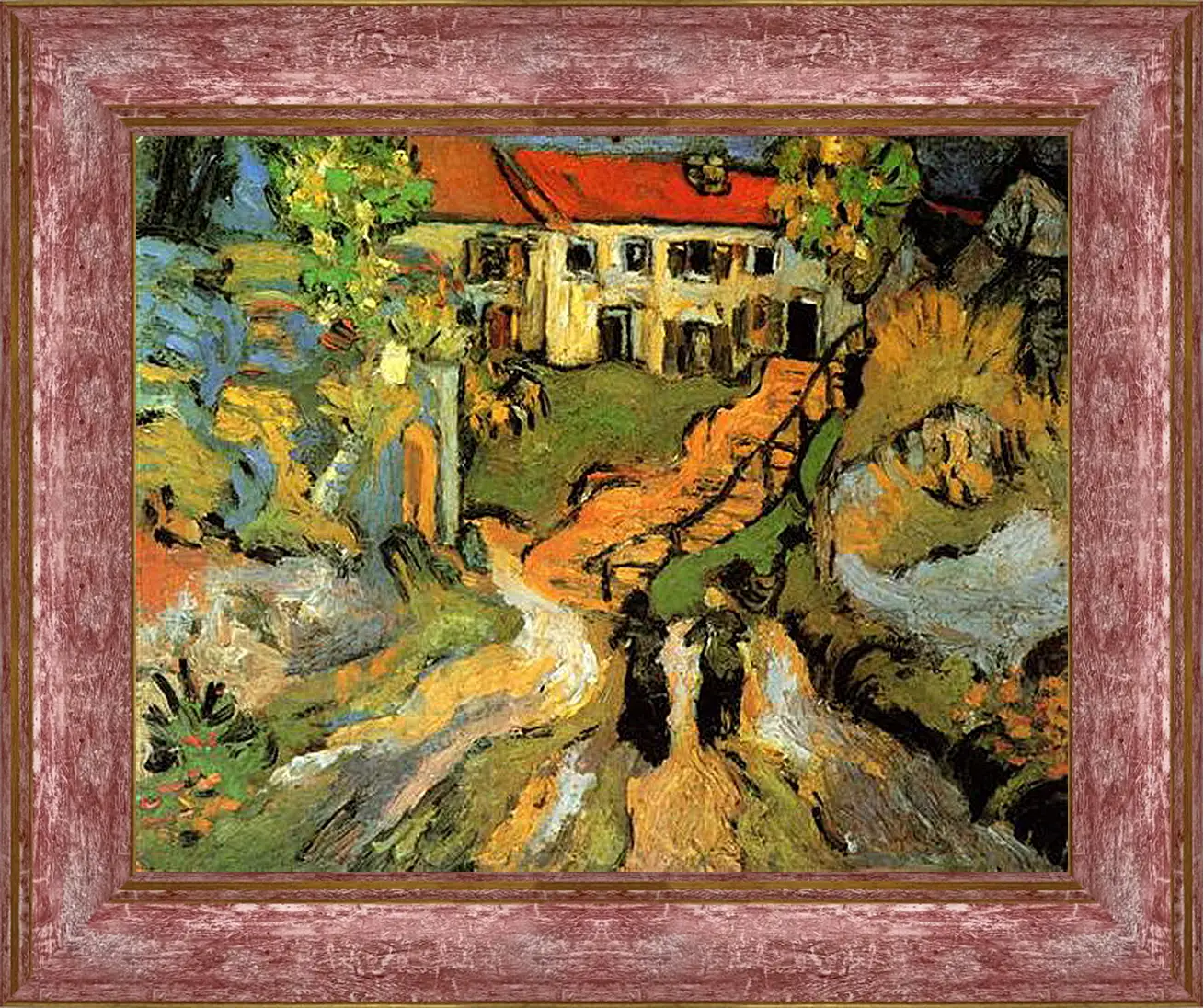 Картина в раме - Village Street and Steps in Auvers with Two Figures. Винсент Ван Гог