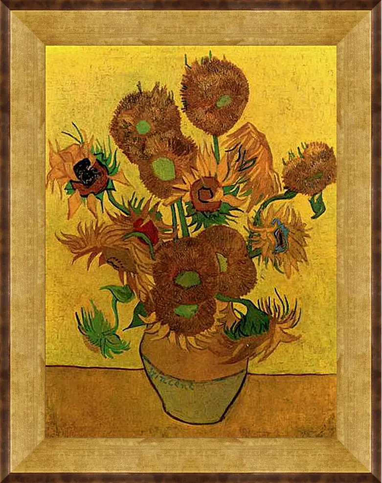 Картина в раме - Still Life Vase with Fifteen Sunflowers. Винсент Ван Гог