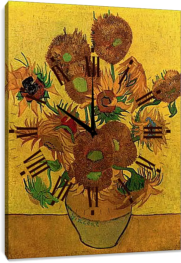 Часы картина - Still Life Vase with Fifteen Sunflowers. Винсент Ван Гог