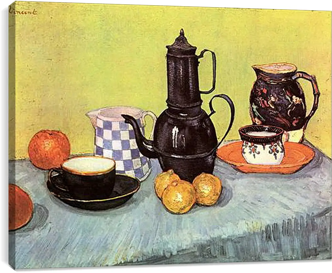 Постер и плакат - Still Life Blue Enamel Coffeepot, Earthenware and Fruit. Винсент Ван Гог