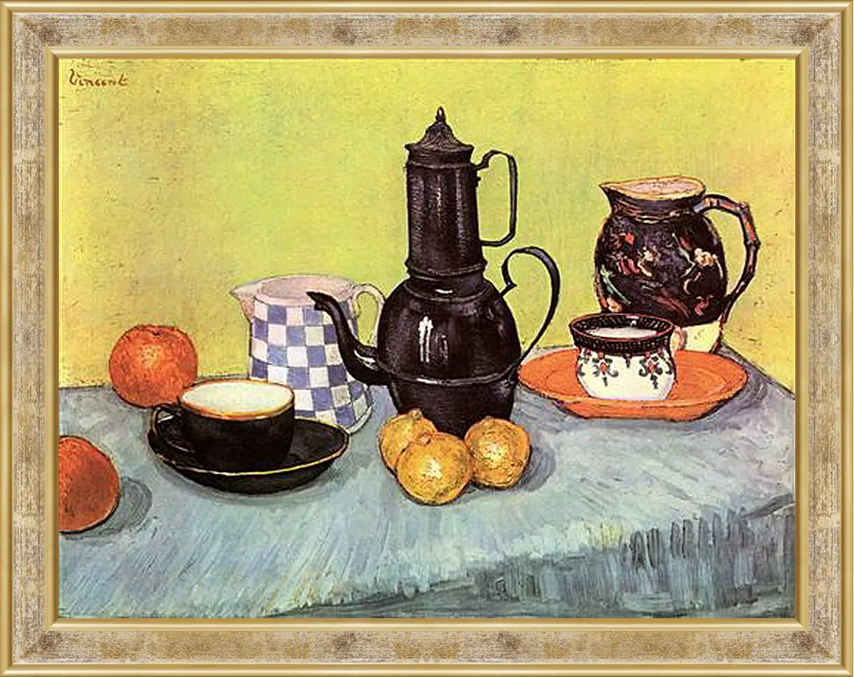 Картина в раме - Still Life Blue Enamel Coffeepot, Earthenware and Fruit. Винсент Ван Гог