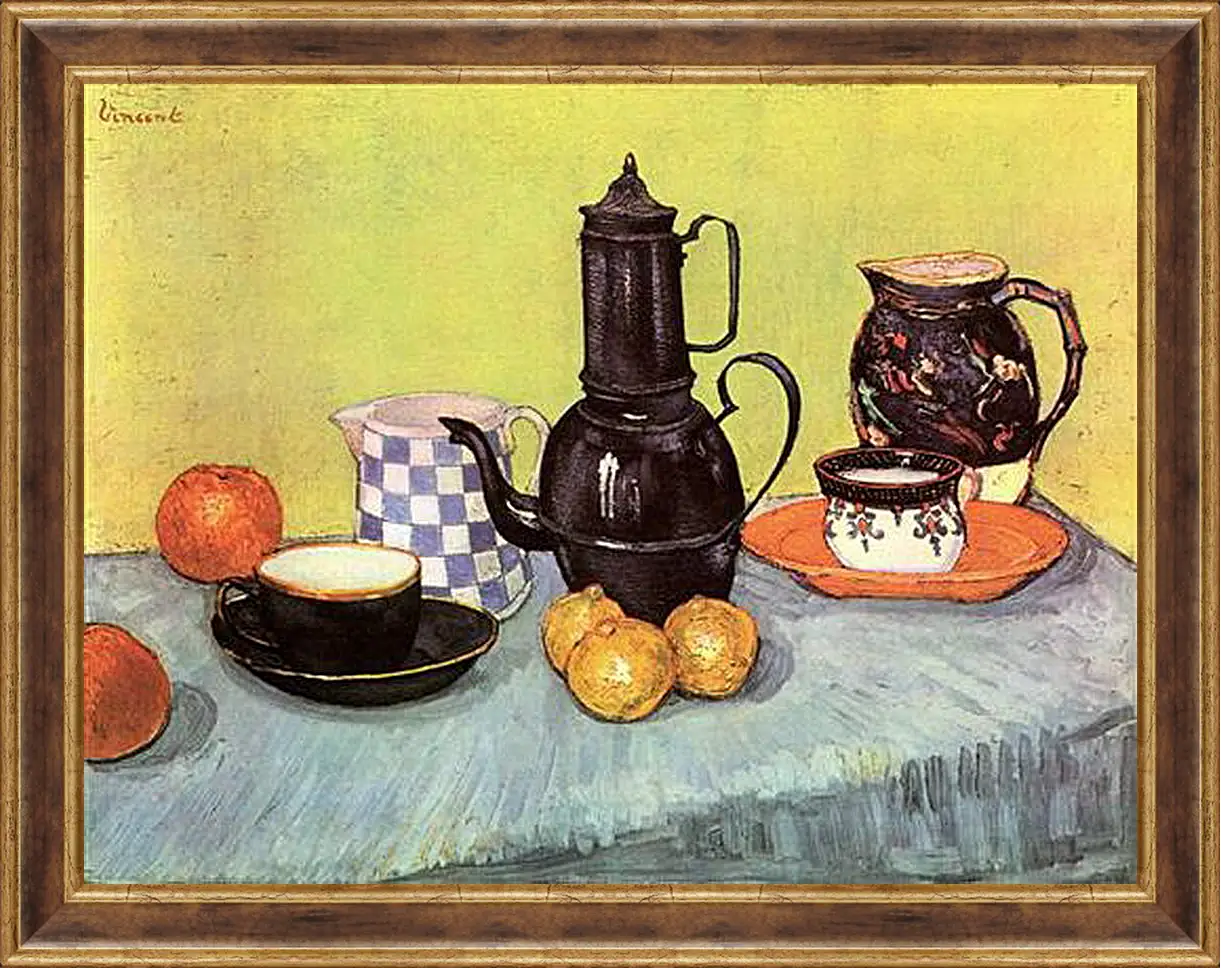 Картина в раме - Still Life Blue Enamel Coffeepot, Earthenware and Fruit. Винсент Ван Гог