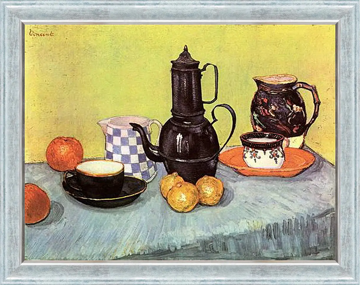 Картина в раме - Still Life Blue Enamel Coffeepot, Earthenware and Fruit. Винсент Ван Гог