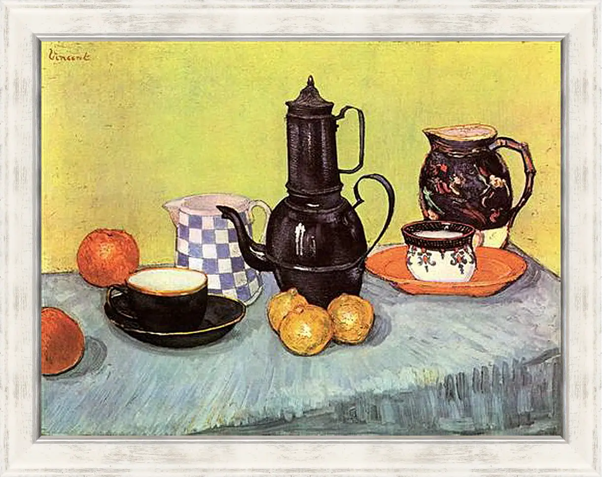 Картина в раме - Still Life Blue Enamel Coffeepot, Earthenware and Fruit. Винсент Ван Гог