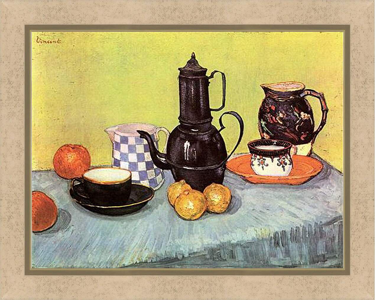 Картина в раме - Still Life Blue Enamel Coffeepot, Earthenware and Fruit. Винсент Ван Гог