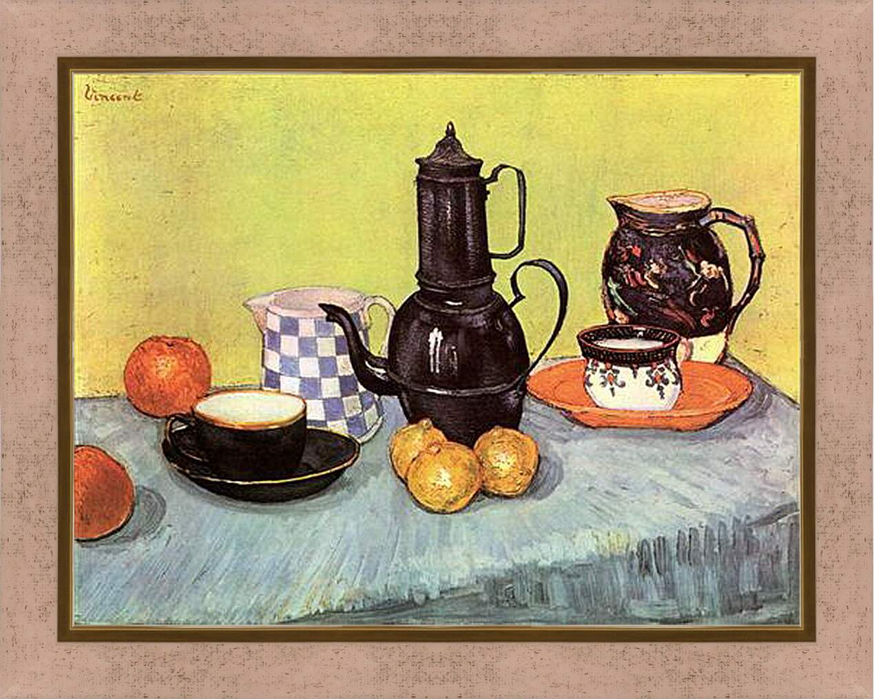 Картина в раме - Still Life Blue Enamel Coffeepot, Earthenware and Fruit. Винсент Ван Гог