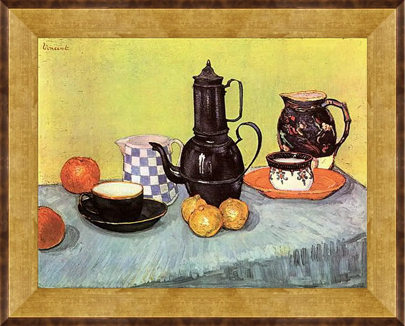 Картина в раме - Still Life Blue Enamel Coffeepot, Earthenware and Fruit. Винсент Ван Гог