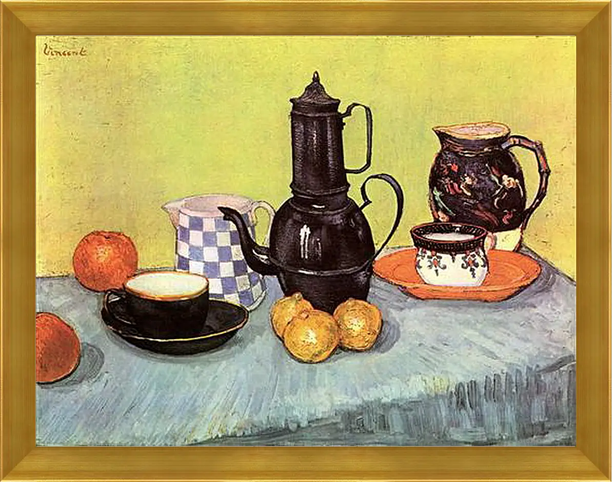 Картина в раме - Still Life Blue Enamel Coffeepot, Earthenware and Fruit. Винсент Ван Гог