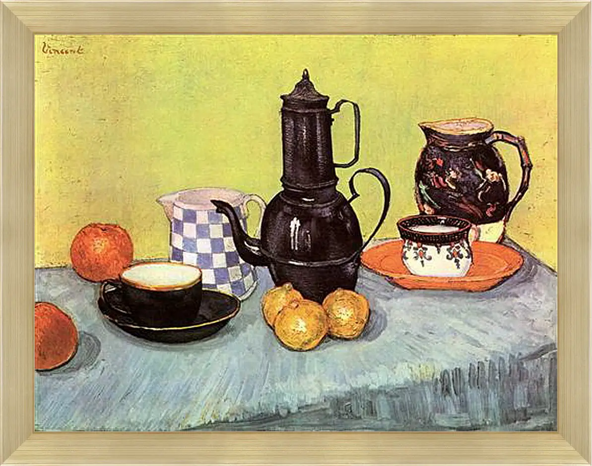 Картина в раме - Still Life Blue Enamel Coffeepot, Earthenware and Fruit. Винсент Ван Гог