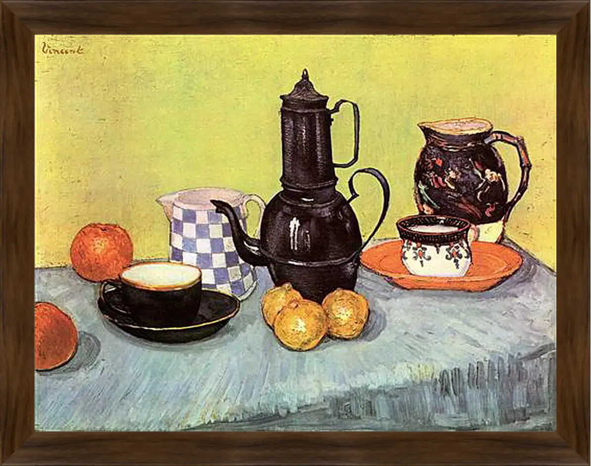 Картина в раме - Still Life Blue Enamel Coffeepot, Earthenware and Fruit. Винсент Ван Гог