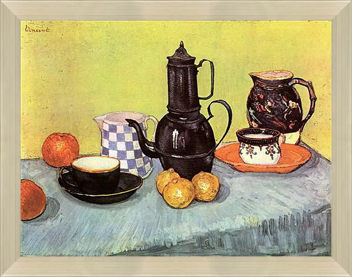 Картина в раме - Still Life Blue Enamel Coffeepot, Earthenware and Fruit. Винсент Ван Гог