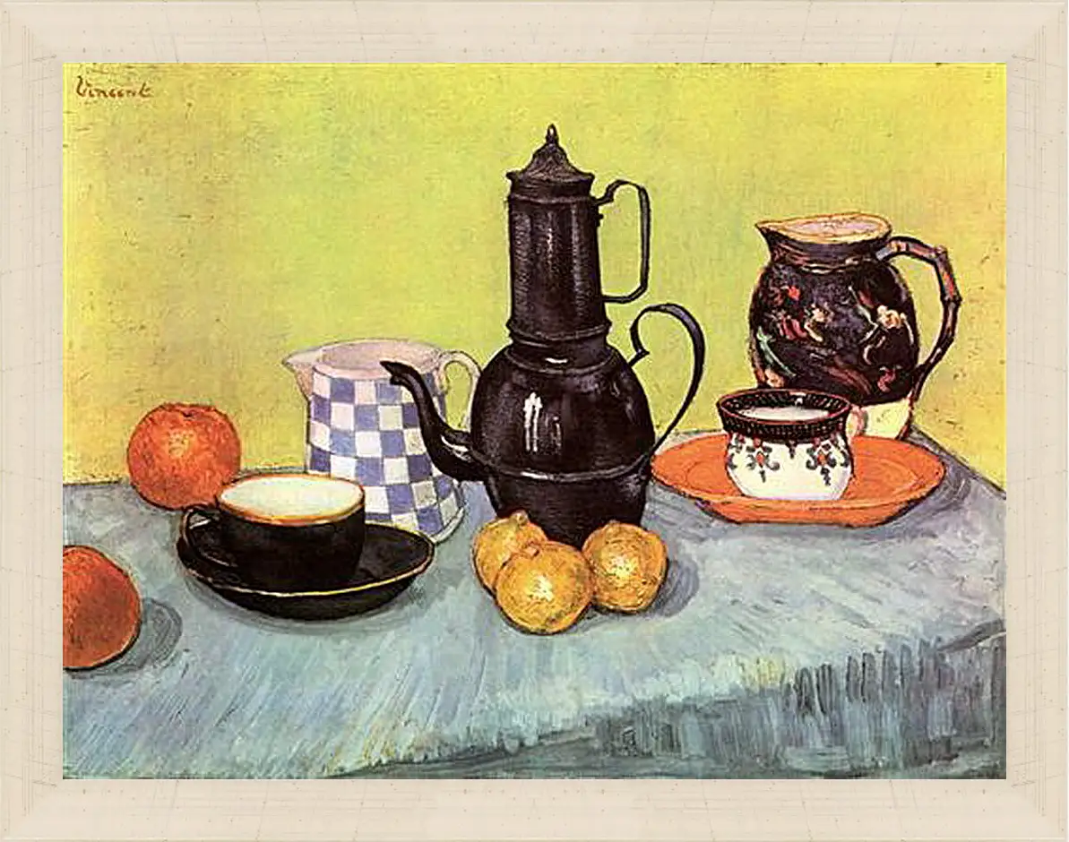 Картина в раме - Still Life Blue Enamel Coffeepot, Earthenware and Fruit. Винсент Ван Гог