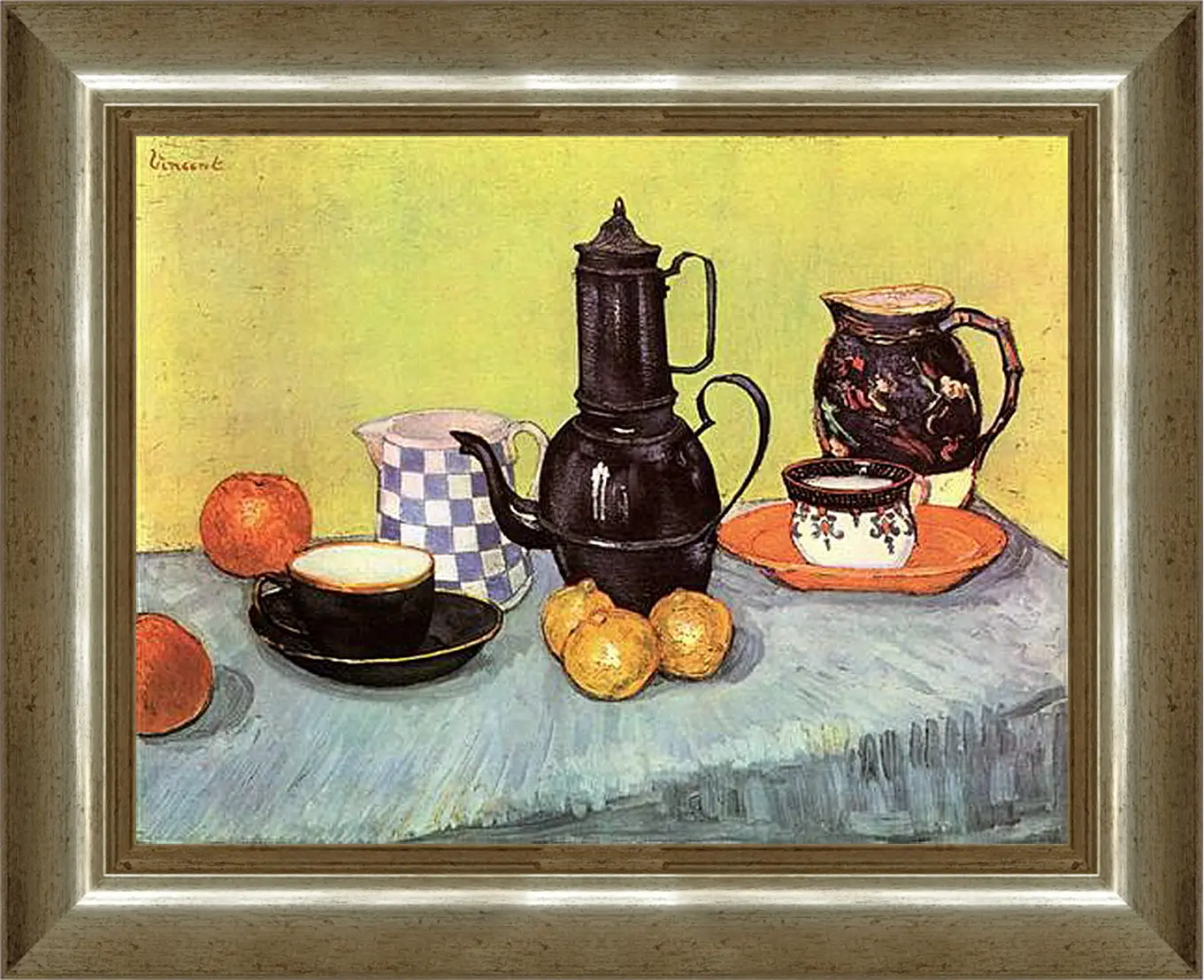 Картина в раме - Still Life Blue Enamel Coffeepot, Earthenware and Fruit. Винсент Ван Гог