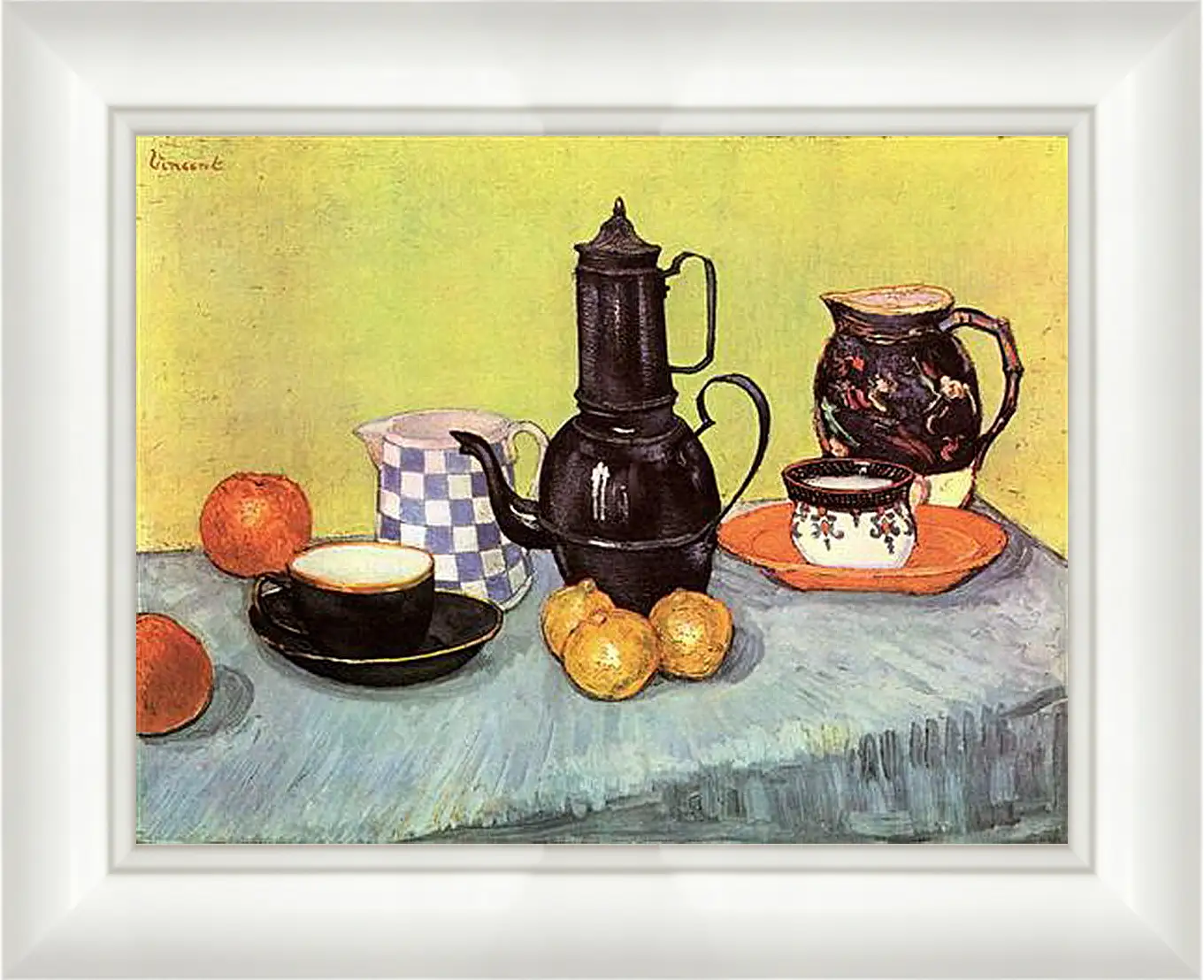 Картина в раме - Still Life Blue Enamel Coffeepot, Earthenware and Fruit. Винсент Ван Гог