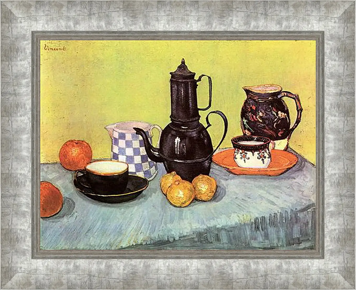 Картина в раме - Still Life Blue Enamel Coffeepot, Earthenware and Fruit. Винсент Ван Гог