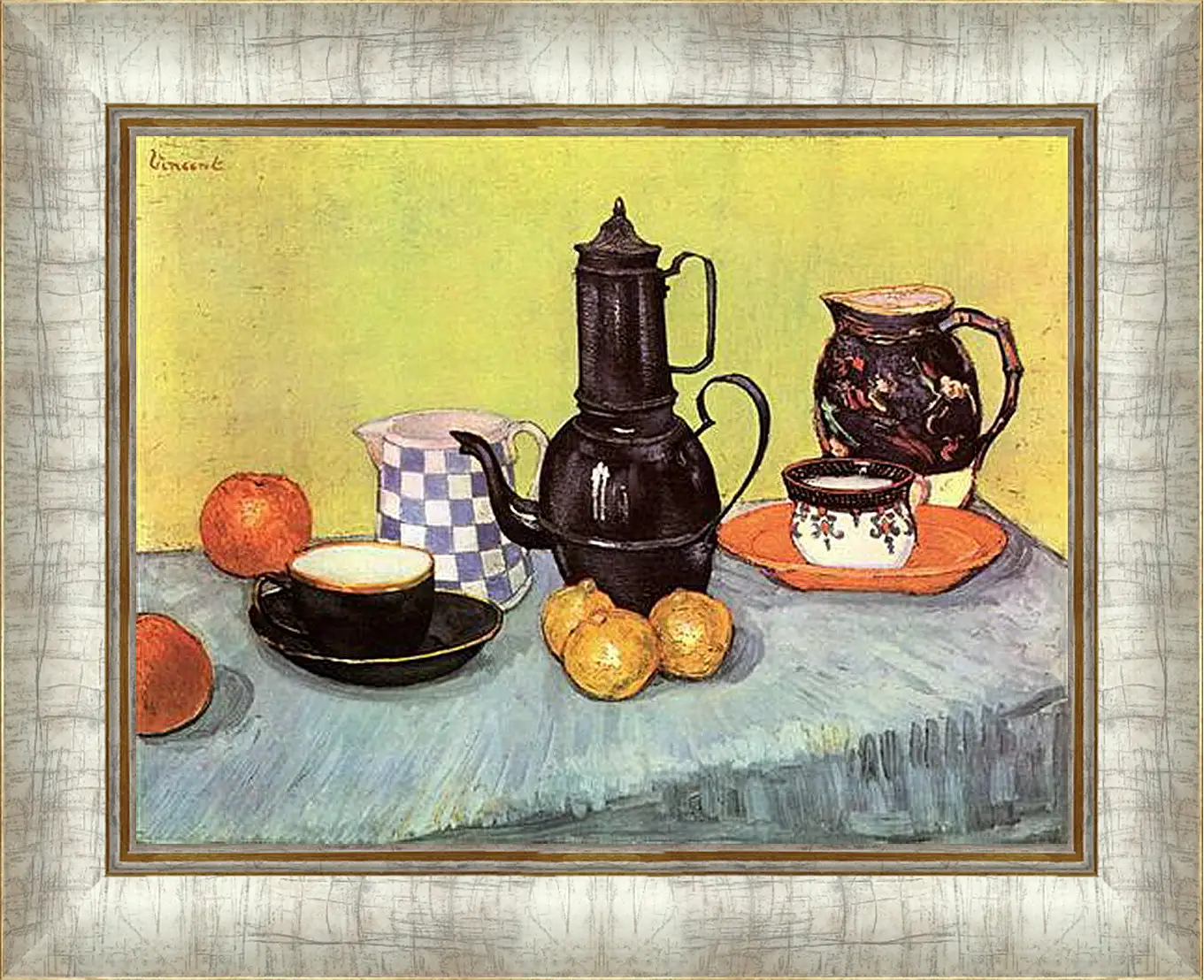 Картина в раме - Still Life Blue Enamel Coffeepot, Earthenware and Fruit. Винсент Ван Гог