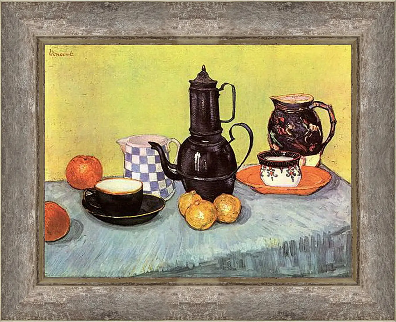 Картина в раме - Still Life Blue Enamel Coffeepot, Earthenware and Fruit. Винсент Ван Гог