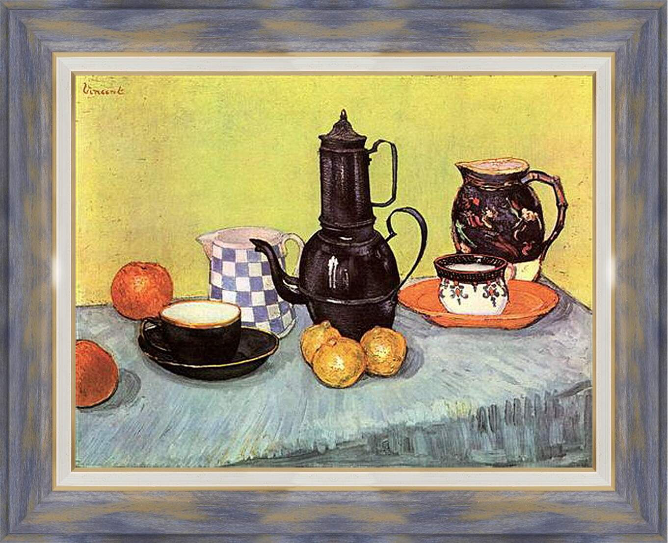 Картина в раме - Still Life Blue Enamel Coffeepot, Earthenware and Fruit. Винсент Ван Гог