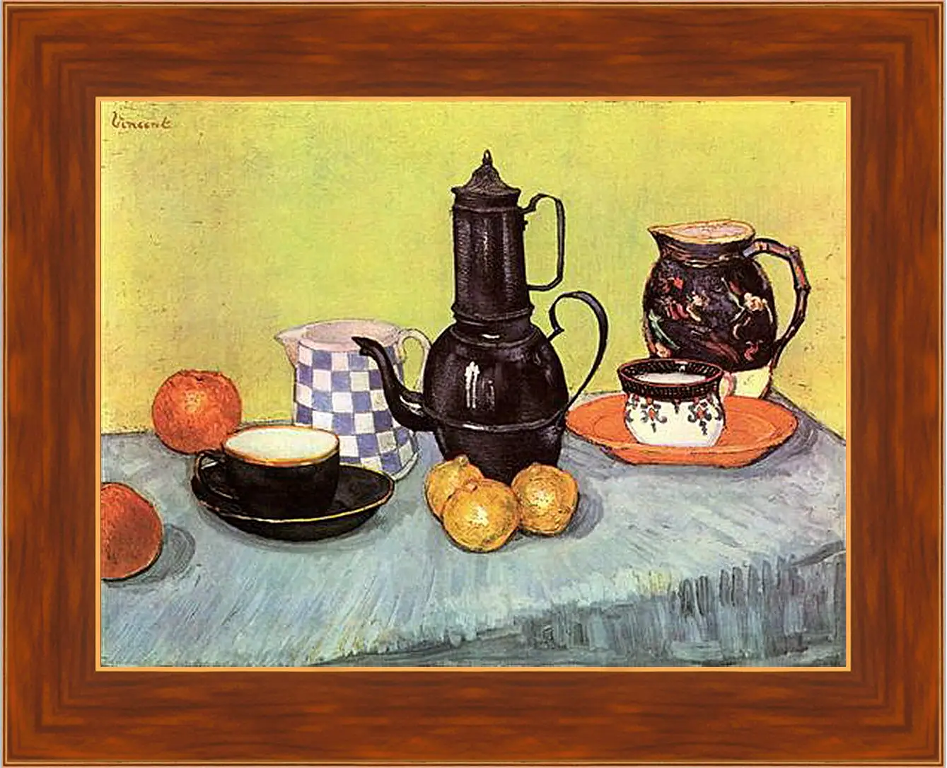 Картина в раме - Still Life Blue Enamel Coffeepot, Earthenware and Fruit. Винсент Ван Гог