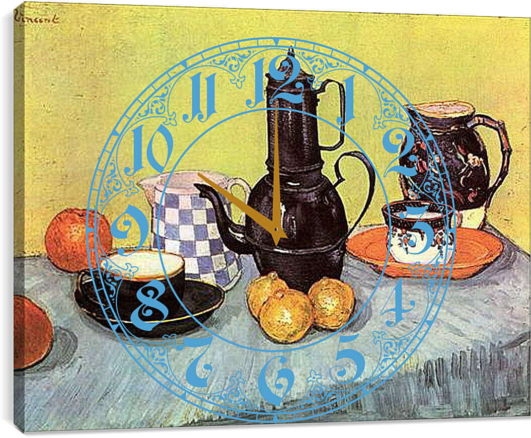 Часы картина - Still Life Blue Enamel Coffeepot, Earthenware and Fruit. Винсент Ван Гог