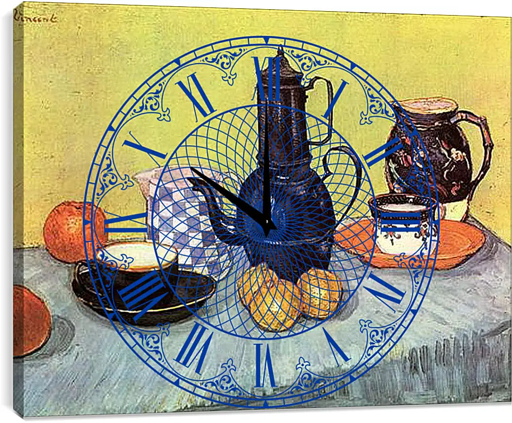 Часы картина - Still Life Blue Enamel Coffeepot, Earthenware and Fruit. Винсент Ван Гог