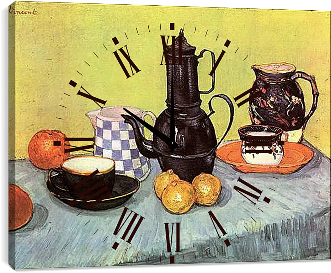 Часы картина - Still Life Blue Enamel Coffeepot, Earthenware and Fruit. Винсент Ван Гог