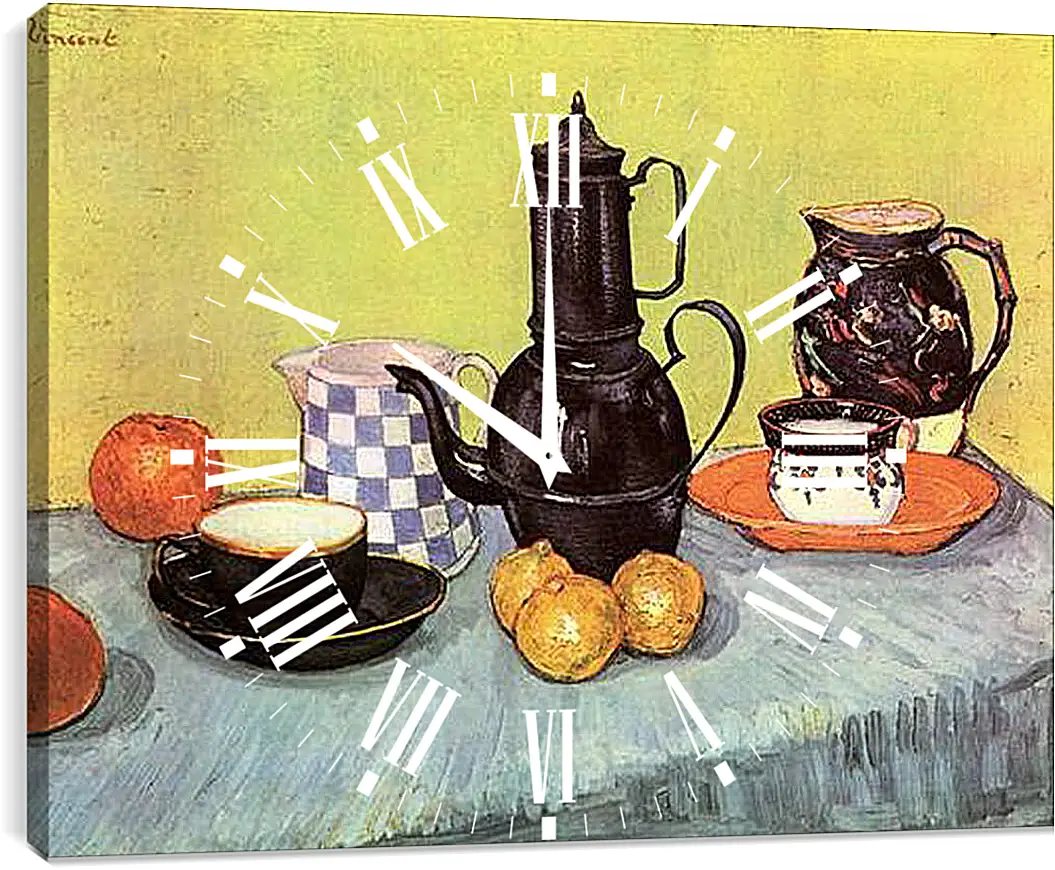 Часы картина - Still Life Blue Enamel Coffeepot, Earthenware and Fruit. Винсент Ван Гог