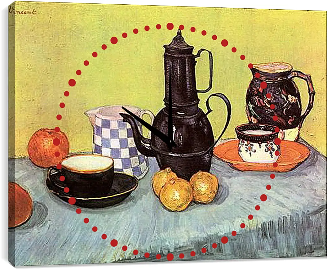 Часы картина - Still Life Blue Enamel Coffeepot, Earthenware and Fruit. Винсент Ван Гог