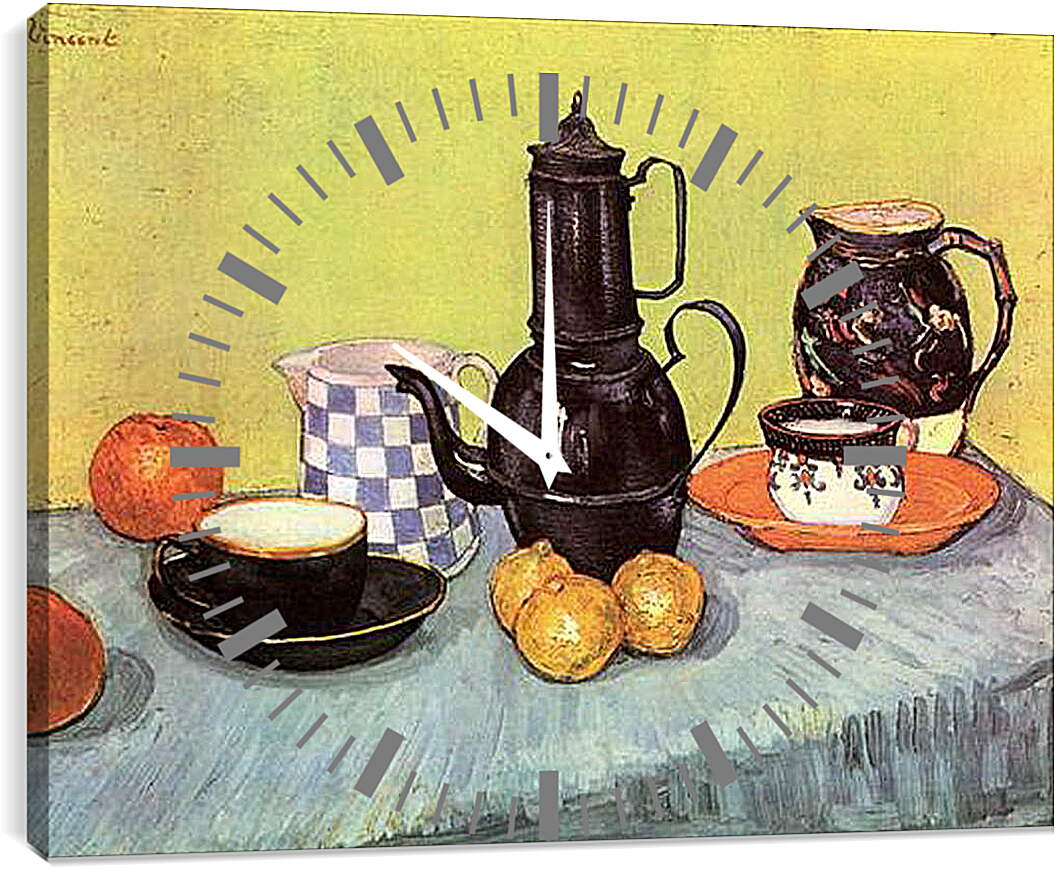 Часы картина - Still Life Blue Enamel Coffeepot, Earthenware and Fruit. Винсент Ван Гог