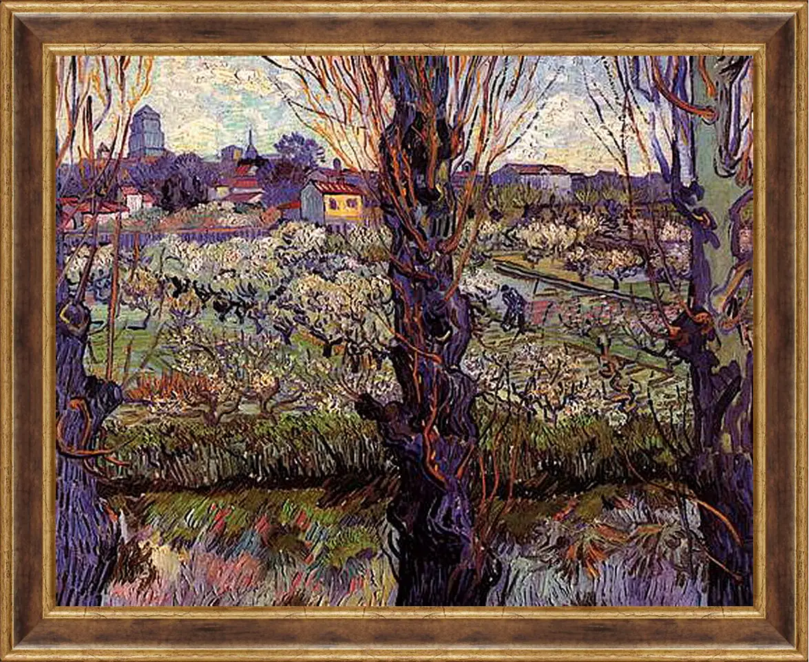 Картина в раме - Orchard in Blossom with View of Arles. Винсент Ван Гог