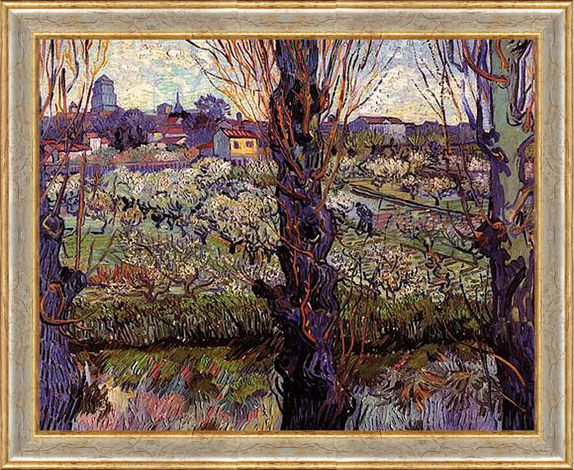 Картина в раме - Orchard in Blossom with View of Arles. Винсент Ван Гог