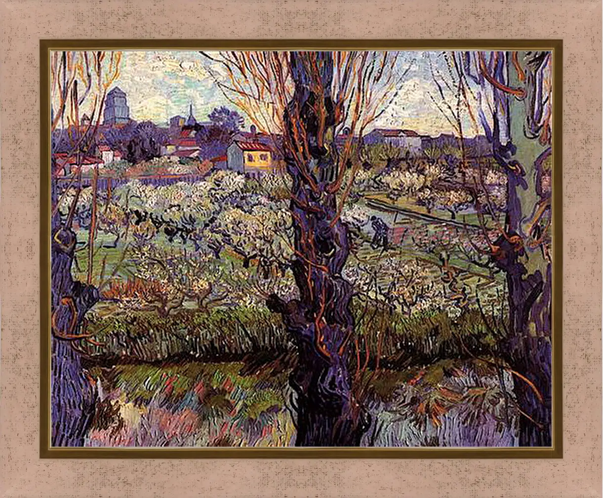 Картина в раме - Orchard in Blossom with View of Arles. Винсент Ван Гог