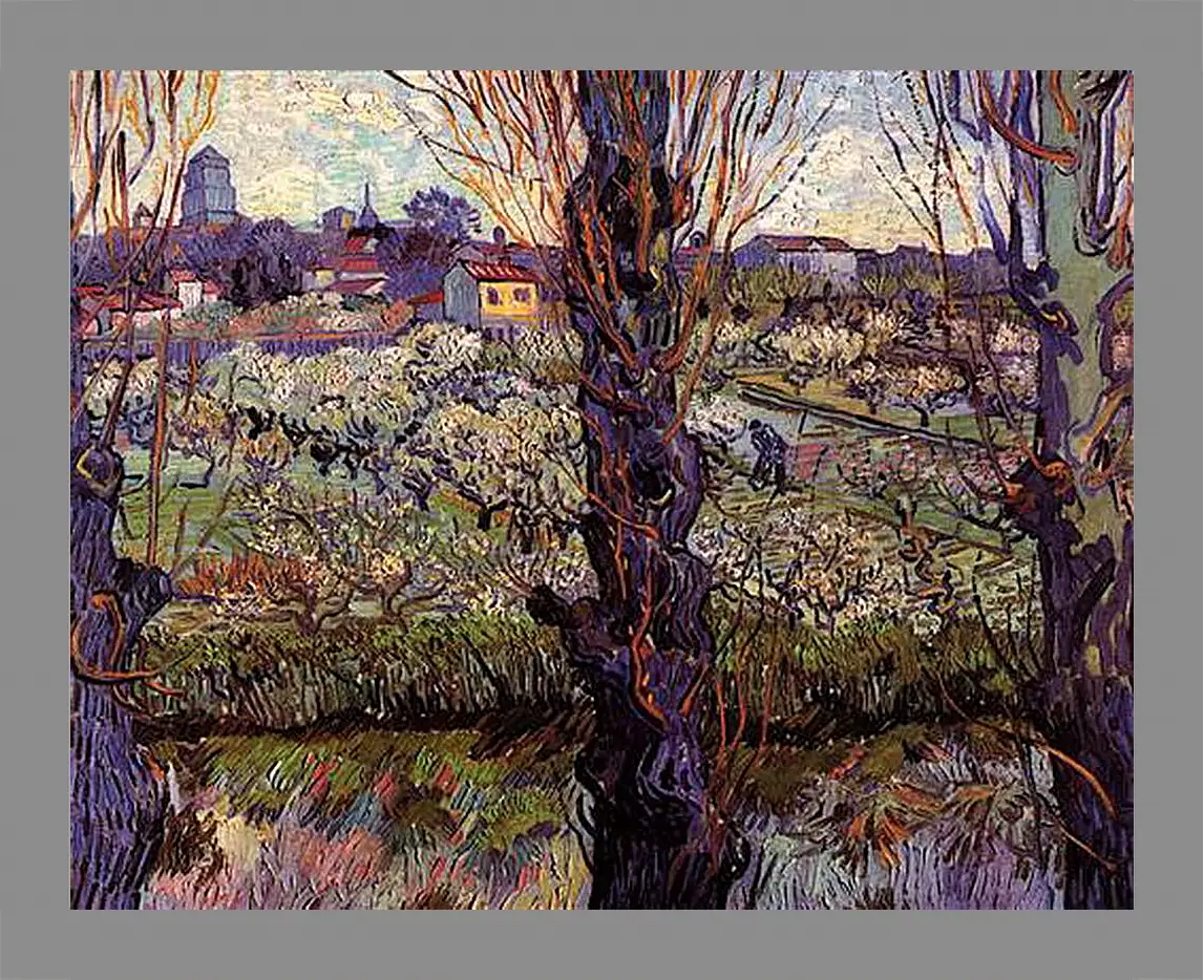 Картина в раме - Orchard in Blossom with View of Arles. Винсент Ван Гог