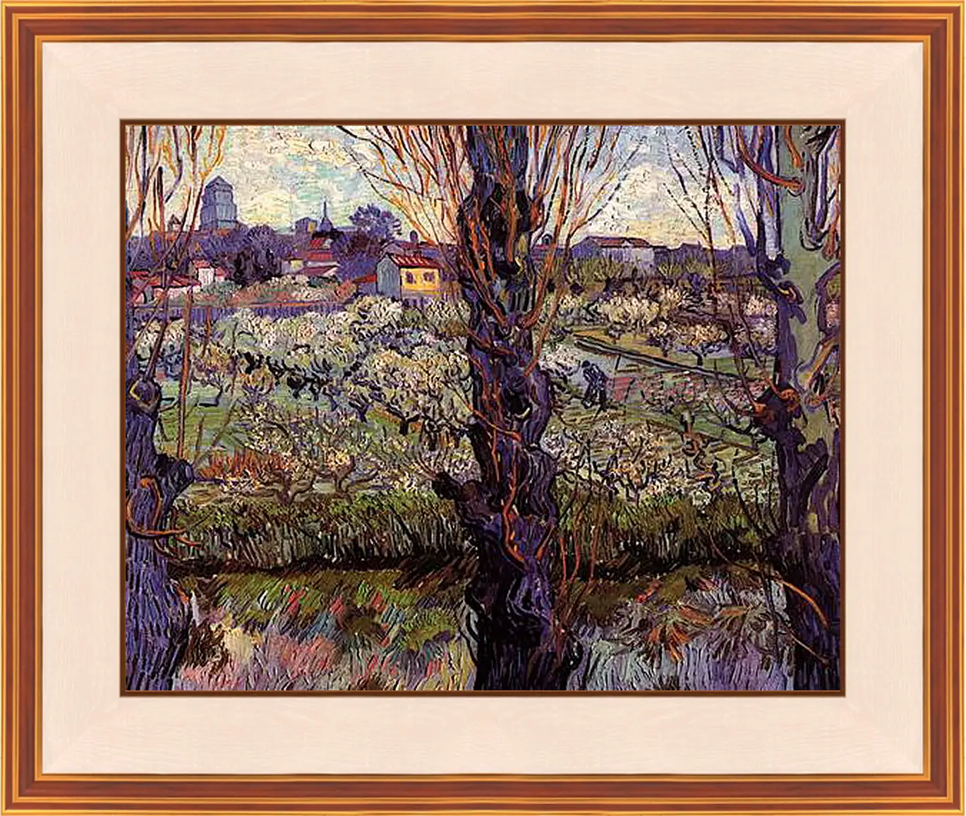 Картина в раме - Orchard in Blossom with View of Arles. Винсент Ван Гог
