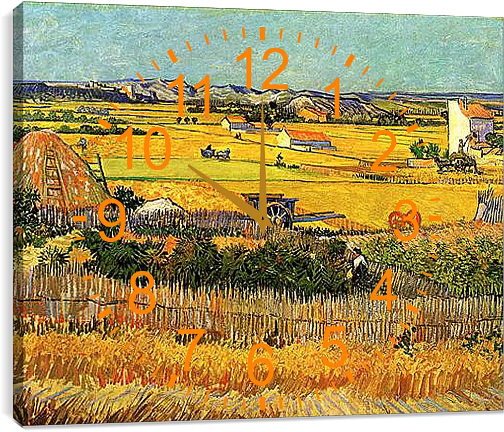 Часы картина - Harvest at La Crau, with Montmajour in the Background. Винсент Ван Гог