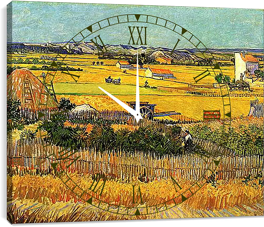 Часы картина - Harvest at La Crau, with Montmajour in the Background. Винсент Ван Гог