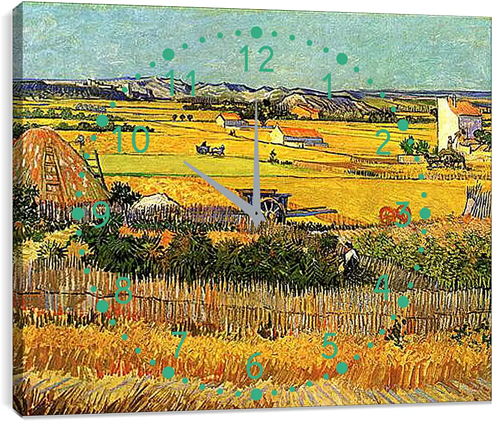 Часы картина - Harvest at La Crau, with Montmajour in the Background. Винсент Ван Гог