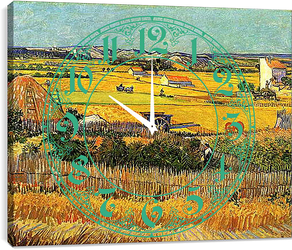 Часы картина - Harvest at La Crau, with Montmajour in the Background. Винсент Ван Гог