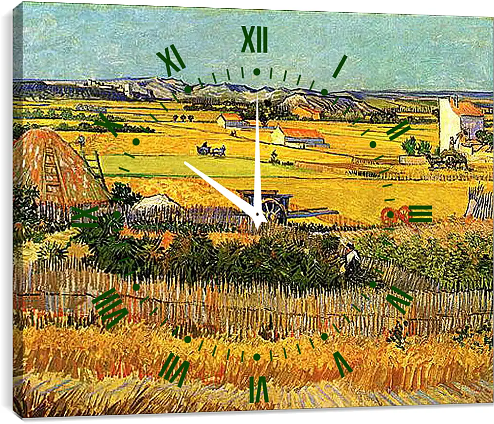 Часы картина - Harvest at La Crau, with Montmajour in the Background. Винсент Ван Гог