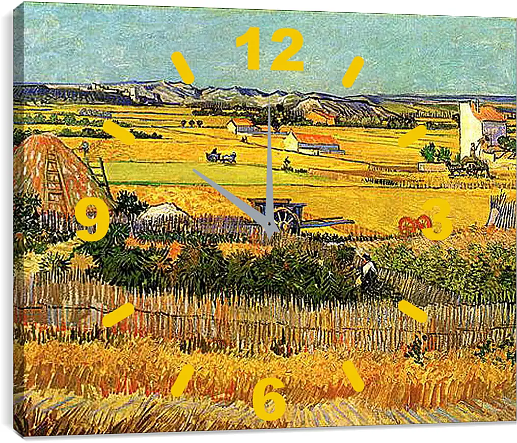 Часы картина - Harvest at La Crau, with Montmajour in the Background. Винсент Ван Гог