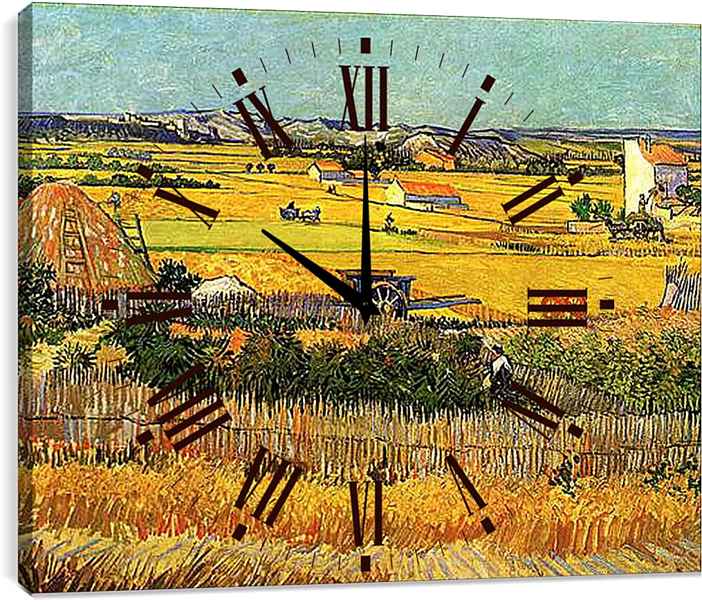 Часы картина - Harvest at La Crau, with Montmajour in the Background. Винсент Ван Гог