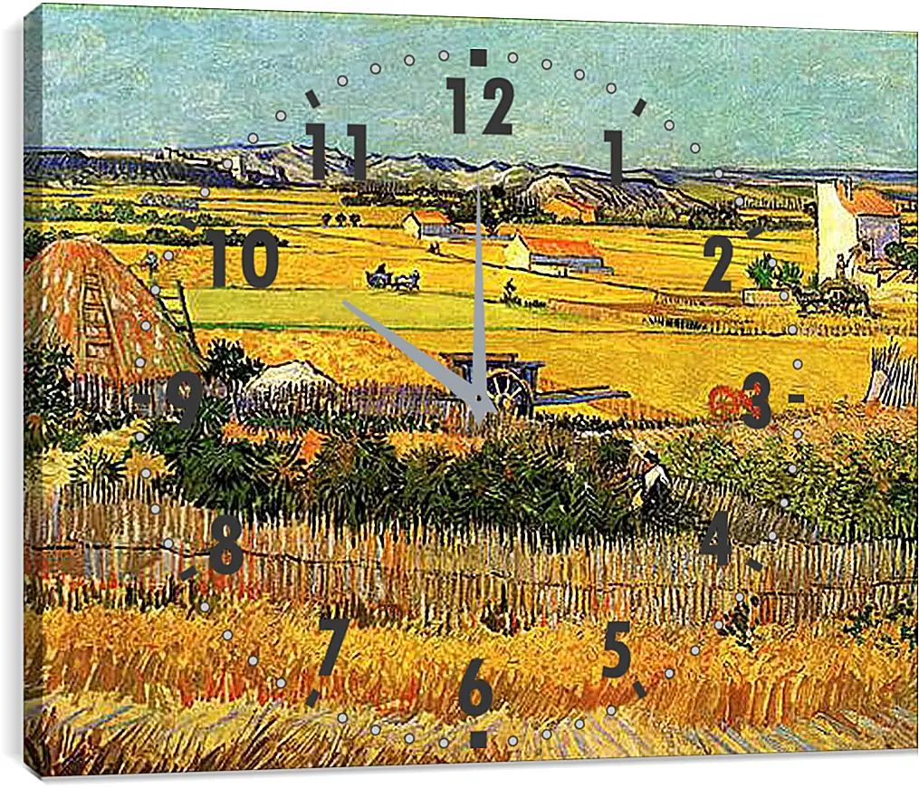 Часы картина - Harvest at La Crau, with Montmajour in the Background. Винсент Ван Гог