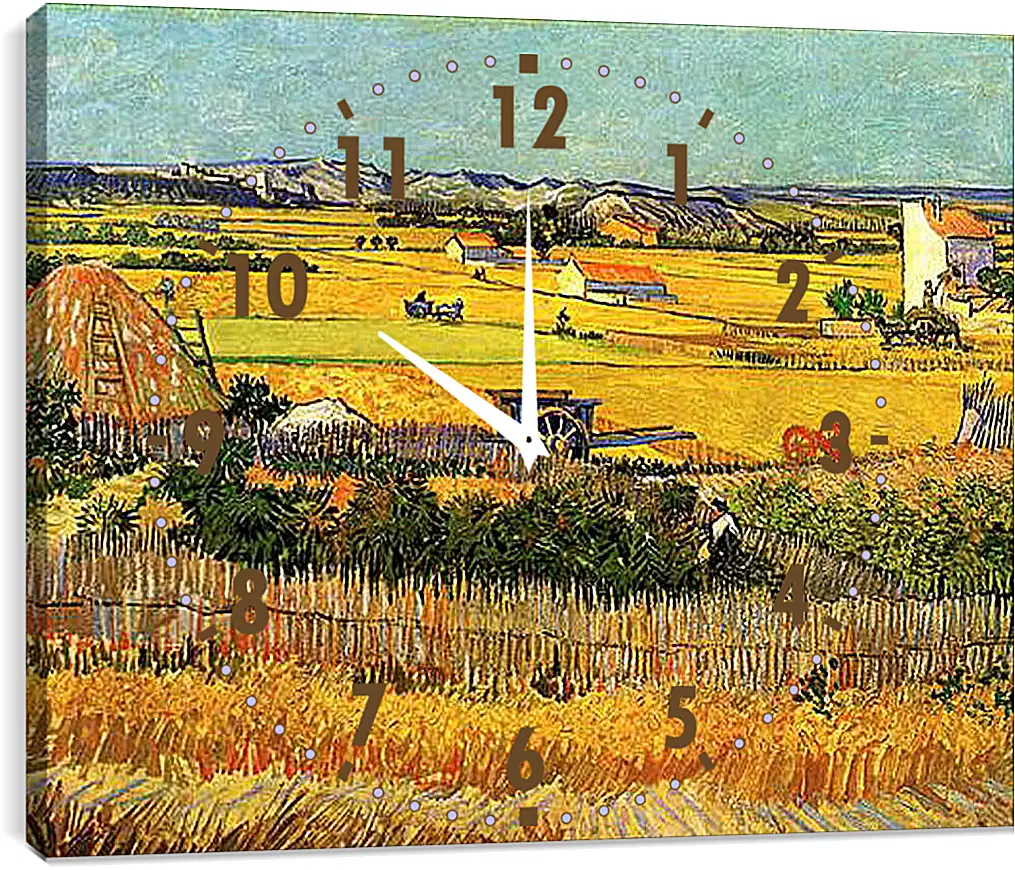 Часы картина - Harvest at La Crau, with Montmajour in the Background. Винсент Ван Гог