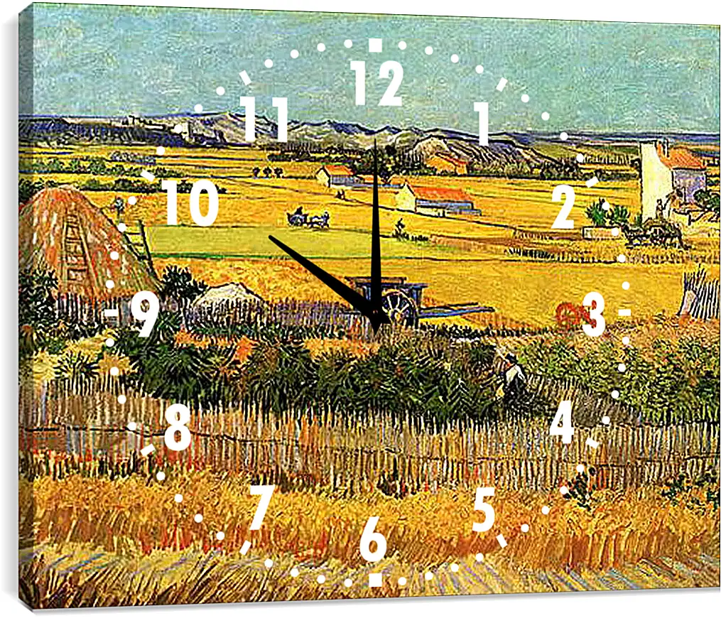 Часы картина - Harvest at La Crau, with Montmajour in the Background. Винсент Ван Гог