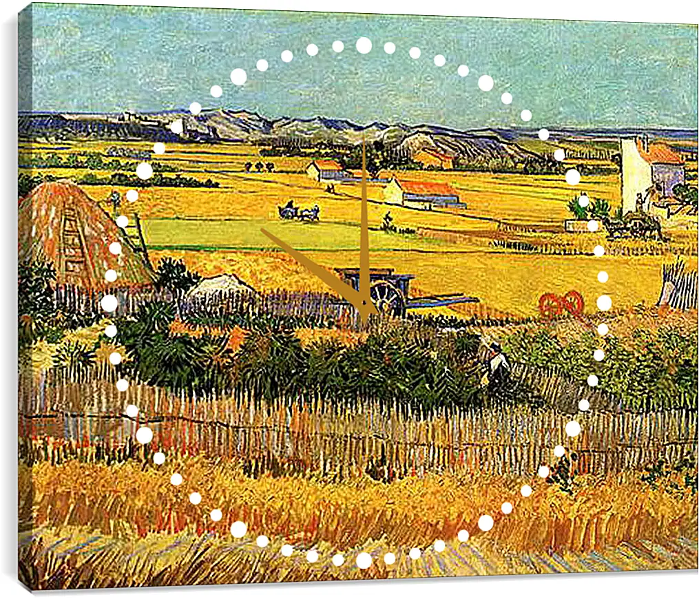 Часы картина - Harvest at La Crau, with Montmajour in the Background. Винсент Ван Гог