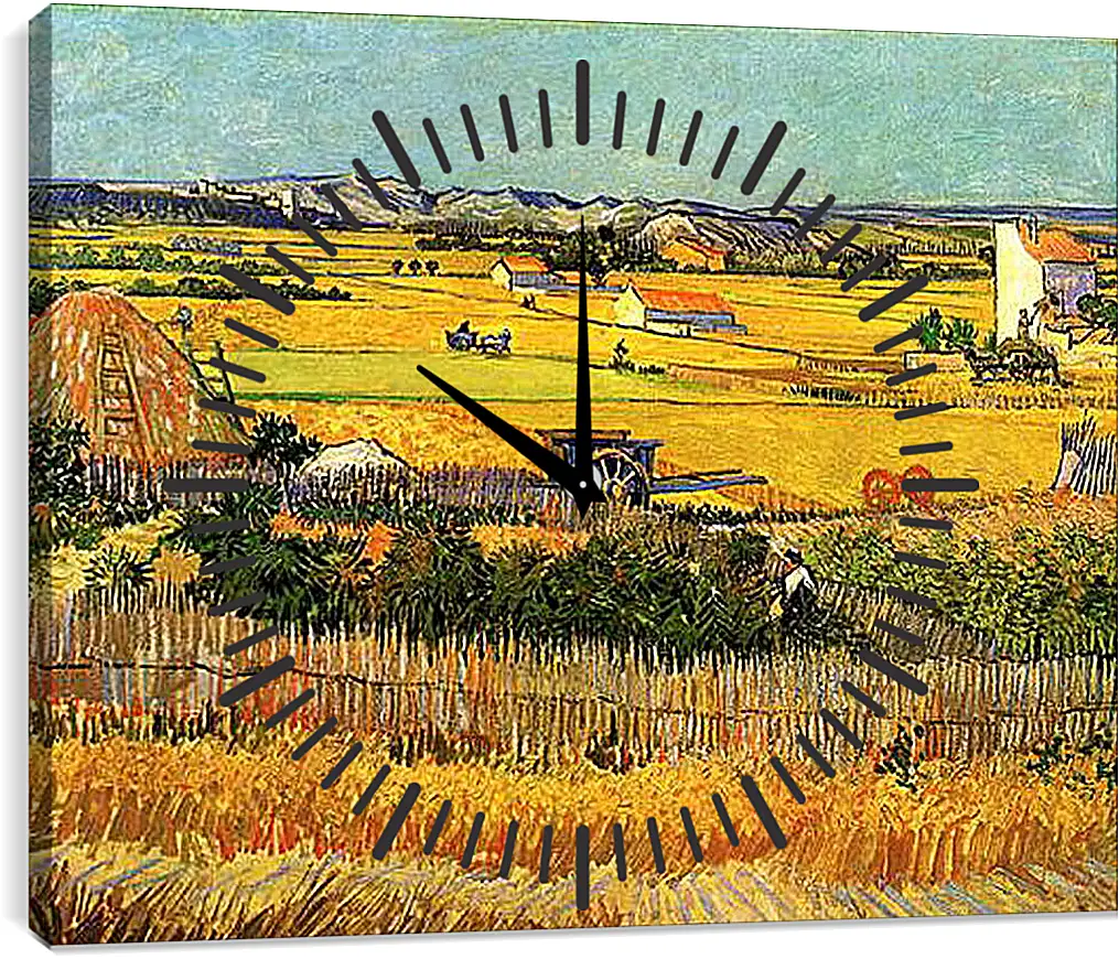 Часы картина - Harvest at La Crau, with Montmajour in the Background. Винсент Ван Гог