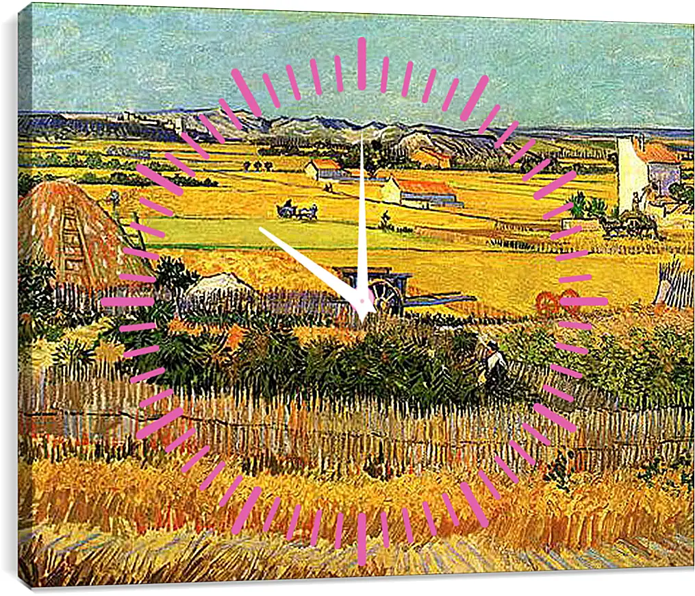 Часы картина - Harvest at La Crau, with Montmajour in the Background. Винсент Ван Гог